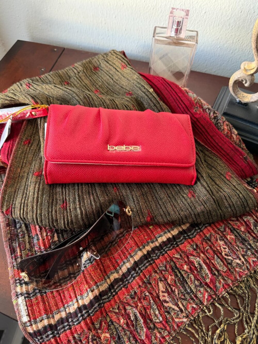 bebe Sage Tomato Red Textured Trifold Wallet Gold Logo NWT